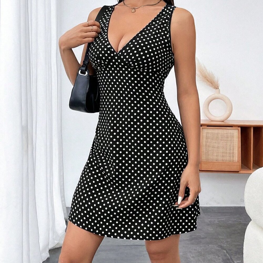 Black and White Casual Women's Polka Dot V-Neck Sleeveless Dress